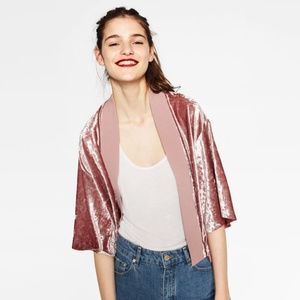 Zara pink crushed velvet kimono jacket NWOT